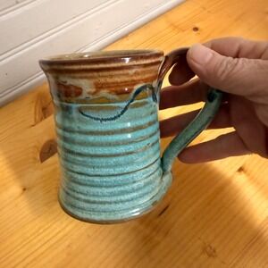 Handmade Studio Art Pottery Mug Turquoise Brown Glaze Cozy Rustic CoffeeTea 10oz